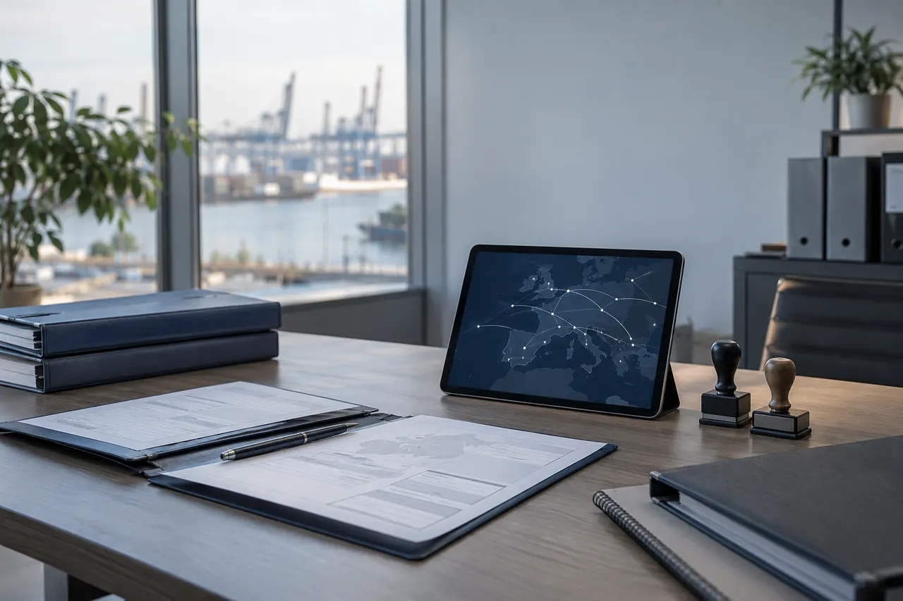 Carpetas, sellos y una tablet con un mapa de rutas sobre la mesa de una oficina de tráfico.