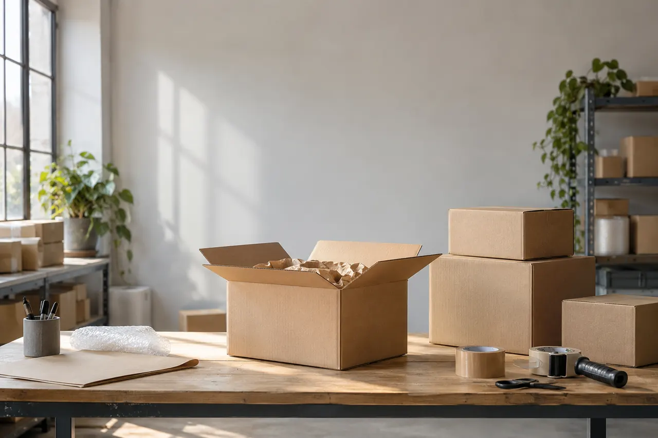 Cajas ya montadas, esperando la etiqueta en un pequeño almacén con luz natural.