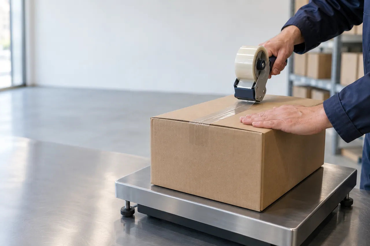 Manos sellando con cinta adhesiva una caja de cartón colocada sobre una báscula.